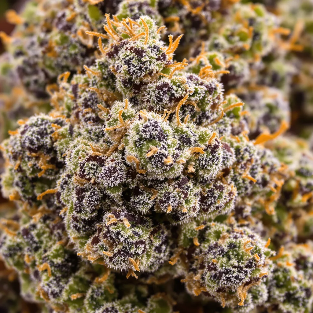 Green Love Potion cannabis bud close-up showing dense purple-tinged calyxes