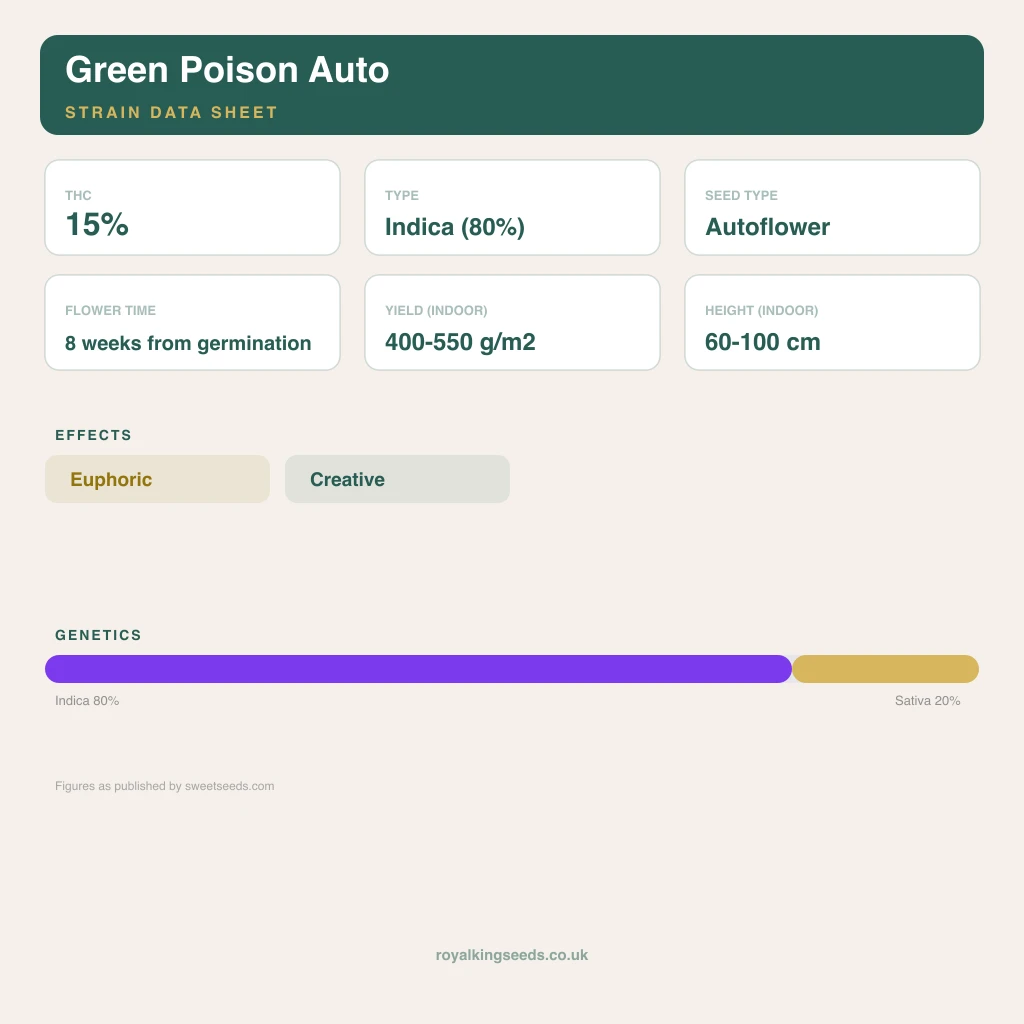 Green Poison 80% indica / 20% sativa flower with visible trichomes