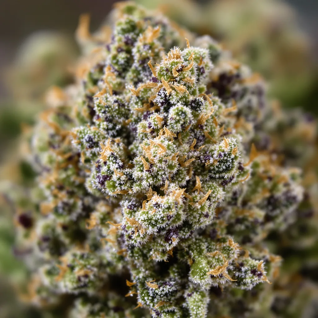 Green Poison cannabis bud close-up showing dense purple-tinged calyxes