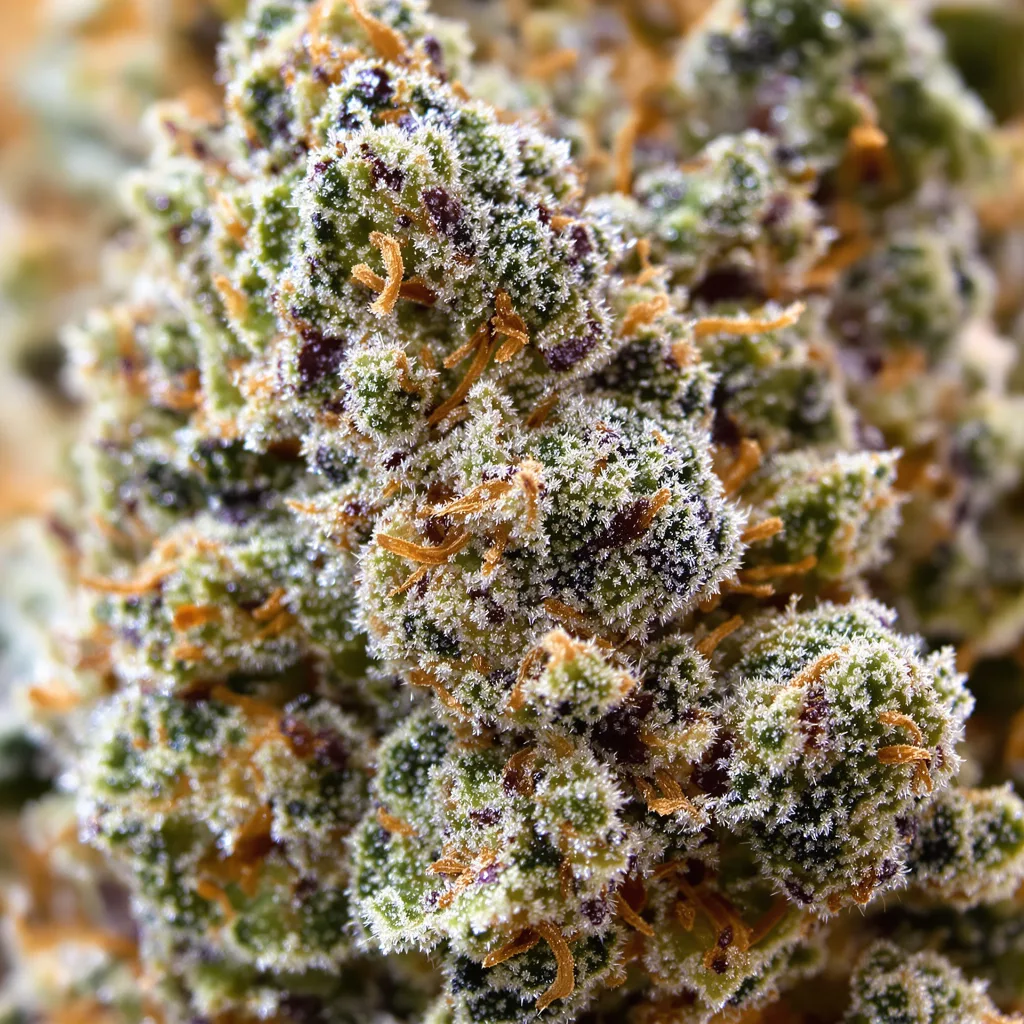 Green Queen cannabis bud close-up showing balanced bud structure with frosted trichomes
