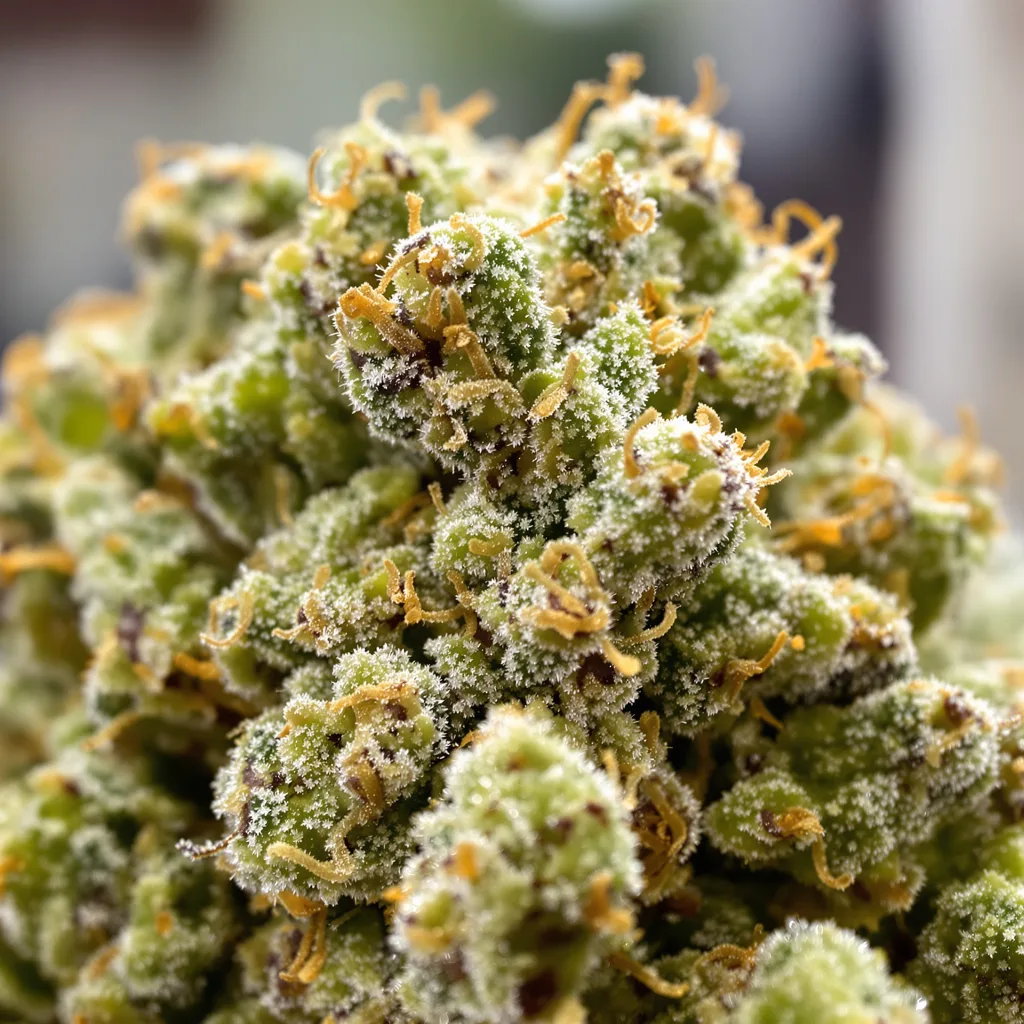 Grilled Cheese cannabis bud close-up showing lime-green airy structure