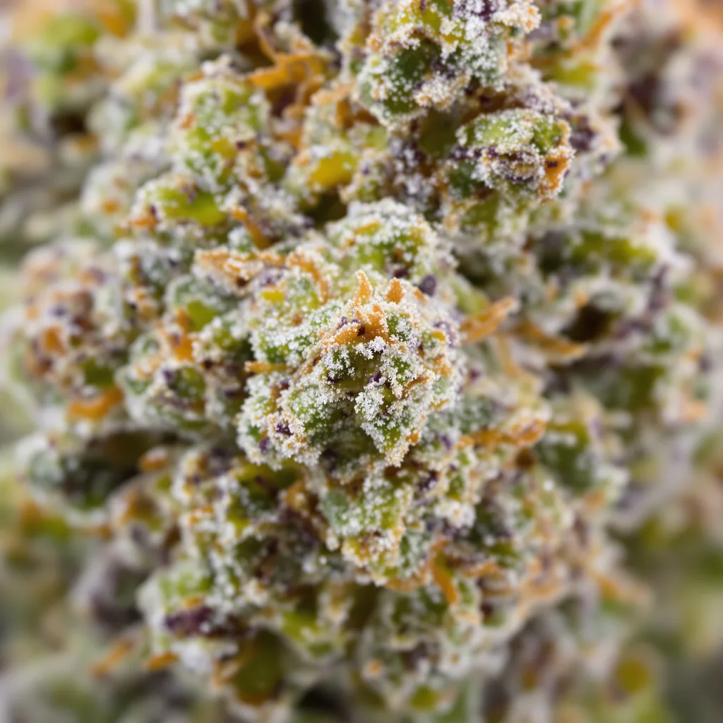 Guido Kush cannabis bud close-up showing balanced bud structure with frosted trichomes