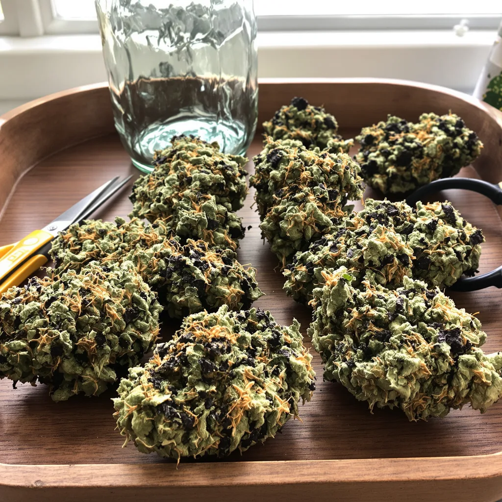 Gutbuster 77% indica / 23% sativa flower with visible trichomes
