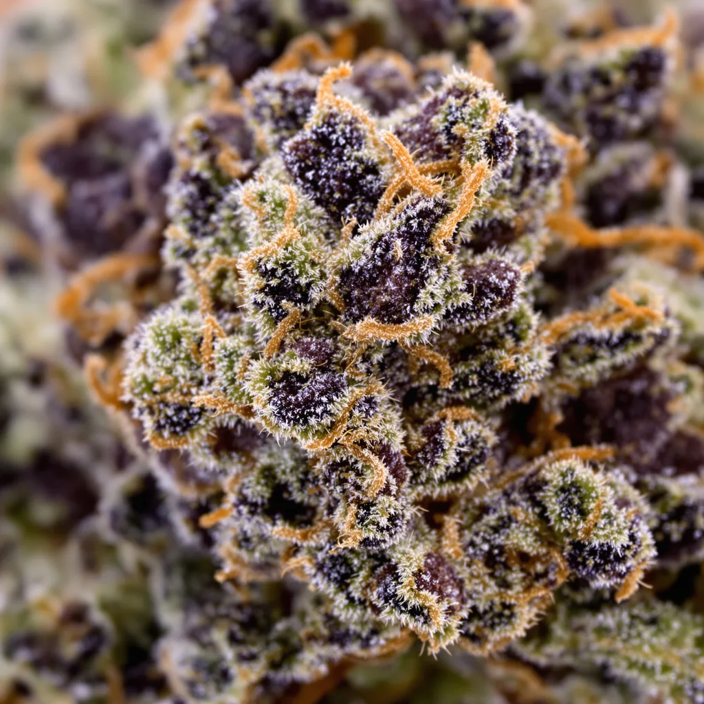 Gutbuster cannabis bud close-up showing dense purple-tinged calyxes