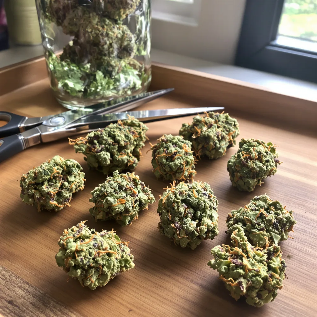 Han Burger 52% indica / 48% sativa flower with visible trichomes