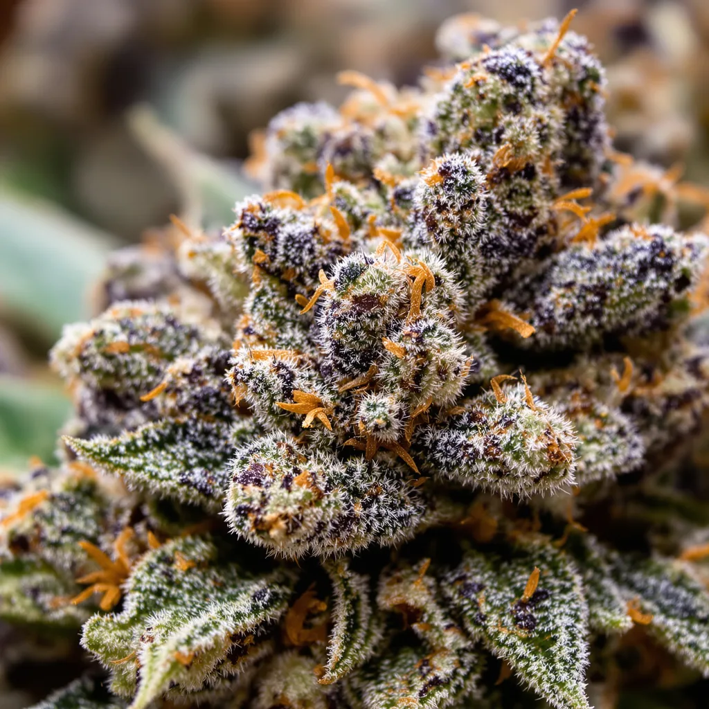 Harmonia cannabis bud close-up showing dense purple-tinged calyxes