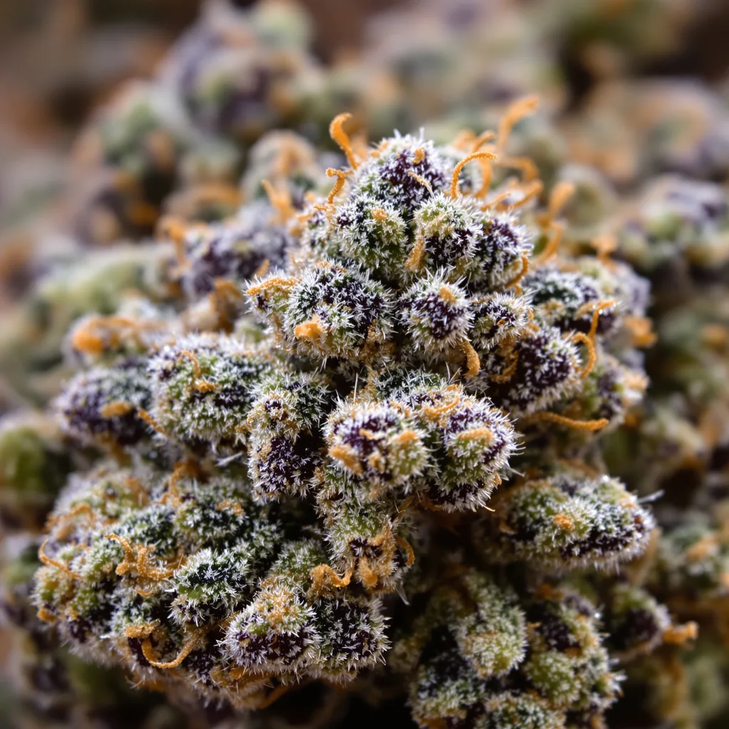 Hashberry cannabis bud close-up showing dense purple-tinged calyxes