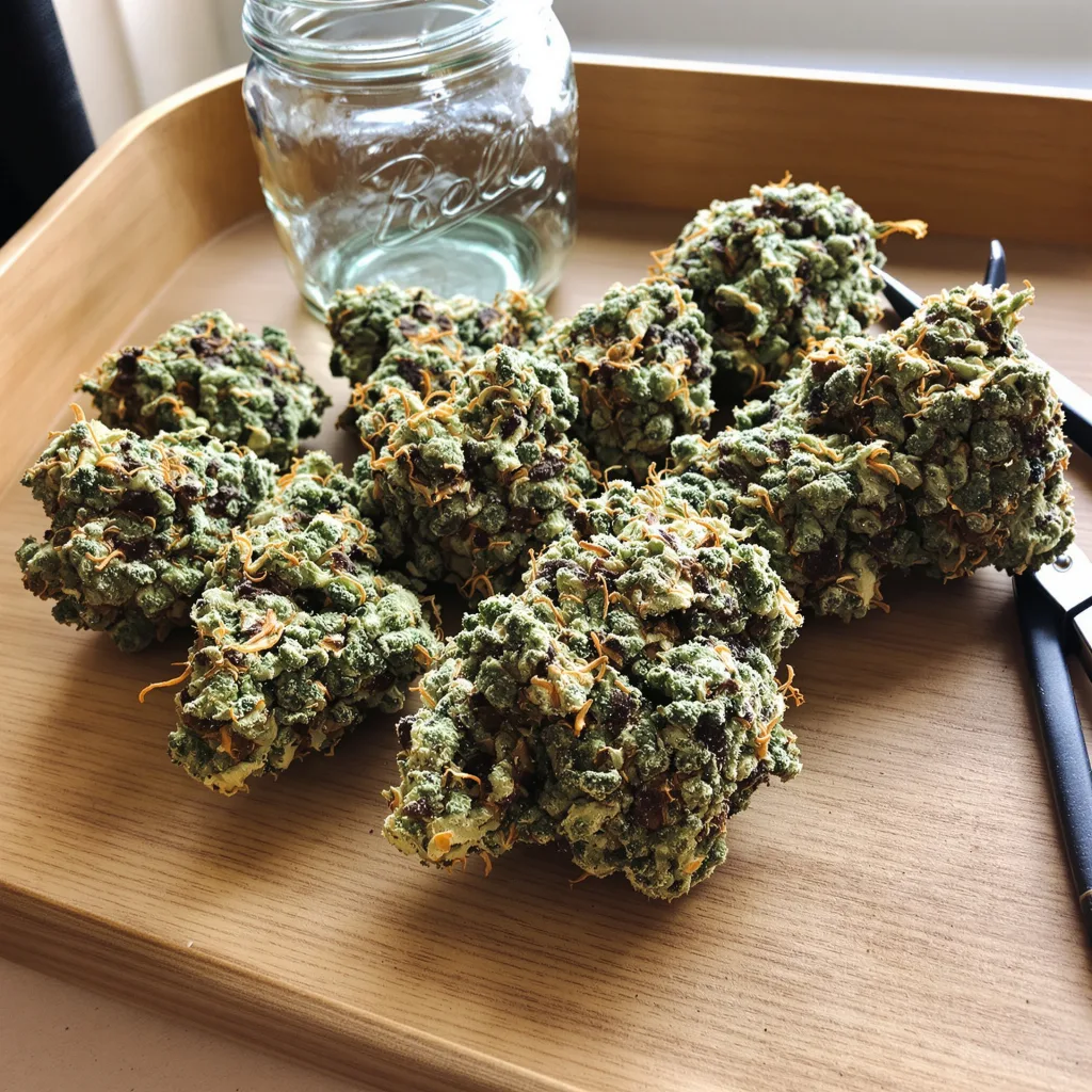 Head Cheese 40% indica / 60% sativa flower with visible trichomes
