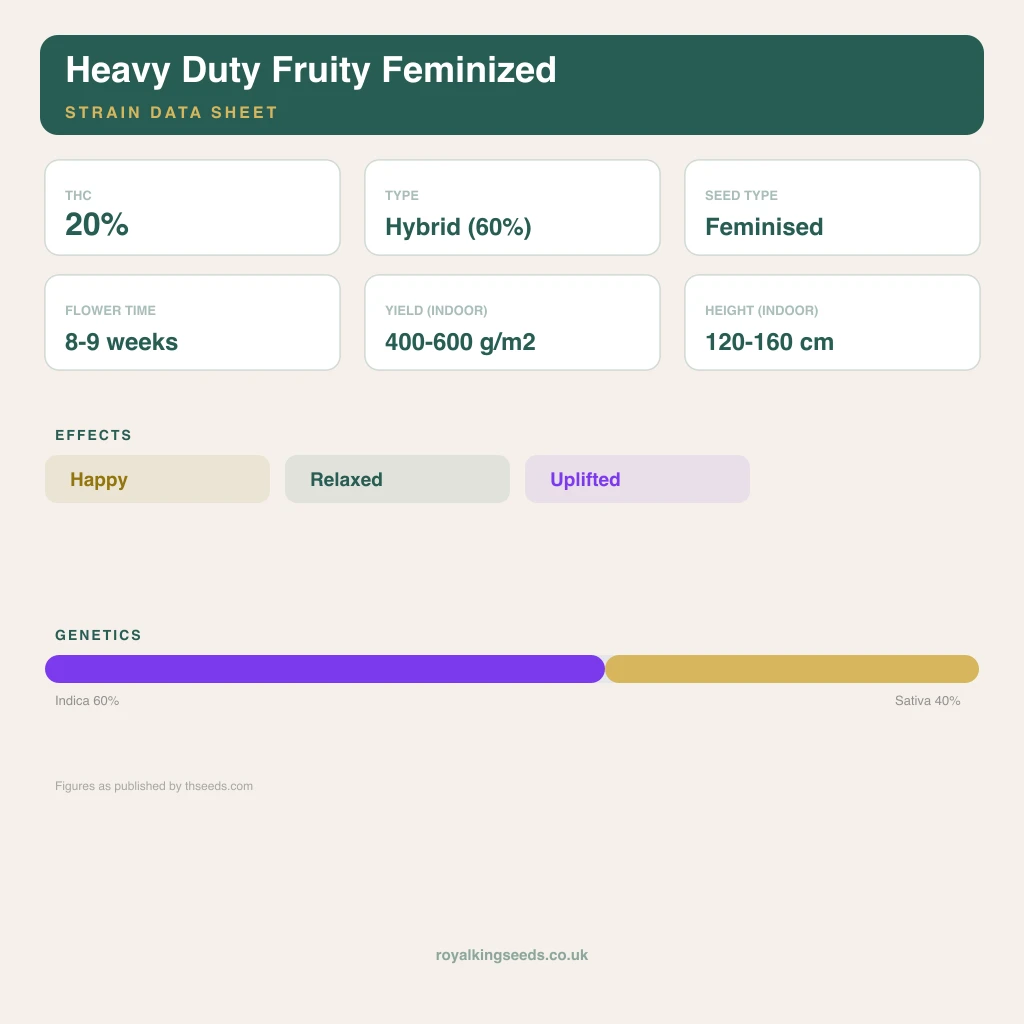 Heavy Duty Fruity 60% indica / 50% sativa flower with visible trichomes