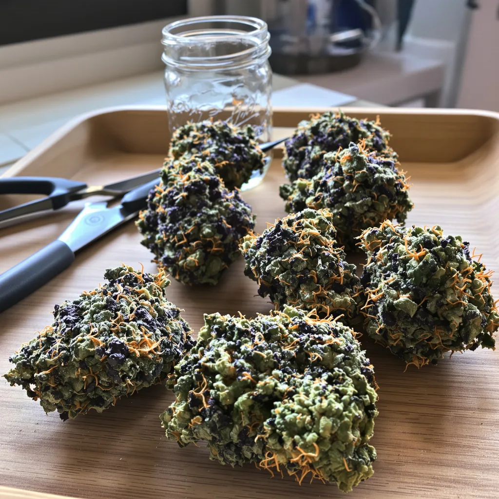 Hell's OG 80% indica / 20% sativa flower with visible trichomes
