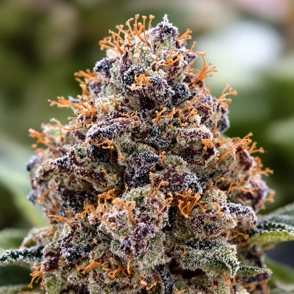 Hells OG Haze cannabis bud close-up showing dense purple-tinged calyxes