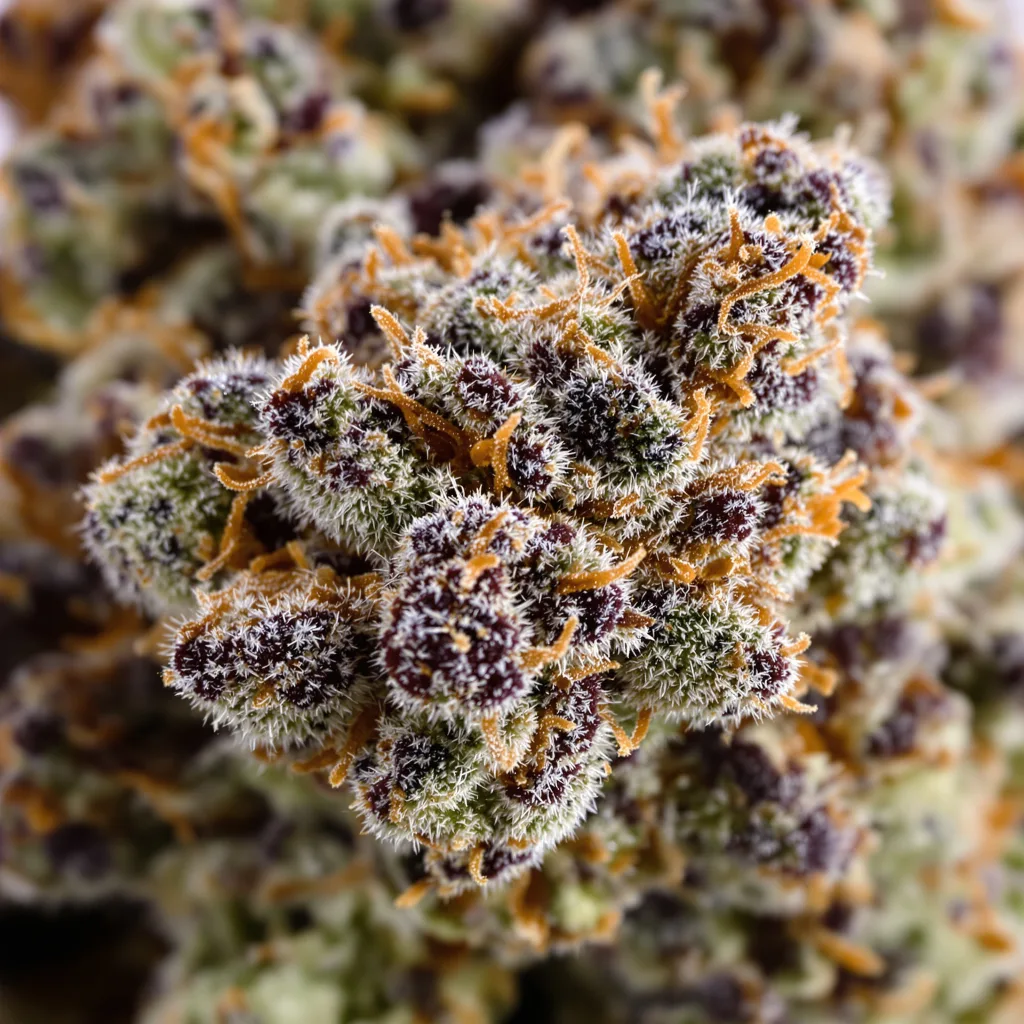 Hercules cannabis bud close-up showing dense purple-tinged calyxes