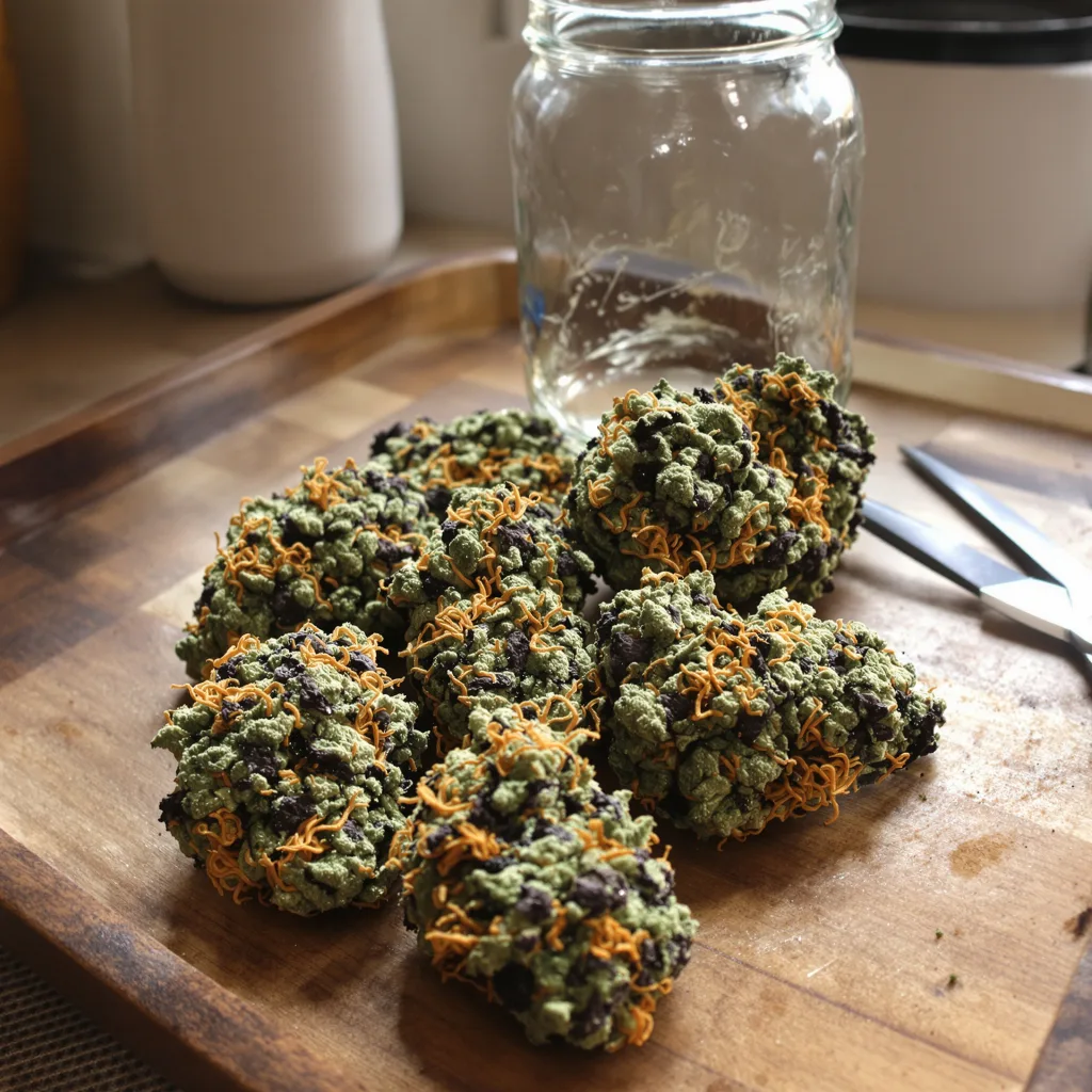Highwayman 73% indica / 27% sativa flower with visible trichomes