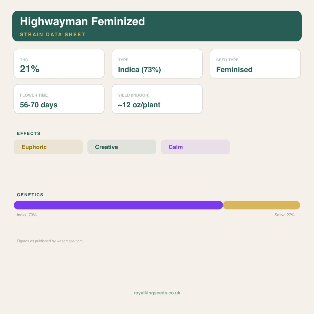 Highwayman 73% indica / 27% sativa flower with visible trichomes