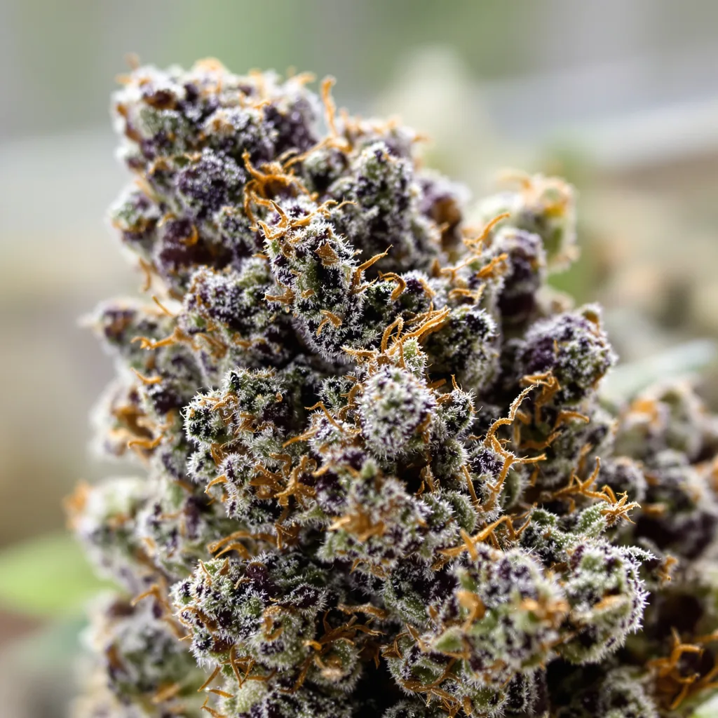 Highwayman cannabis bud close-up showing dense purple-tinged calyxes
