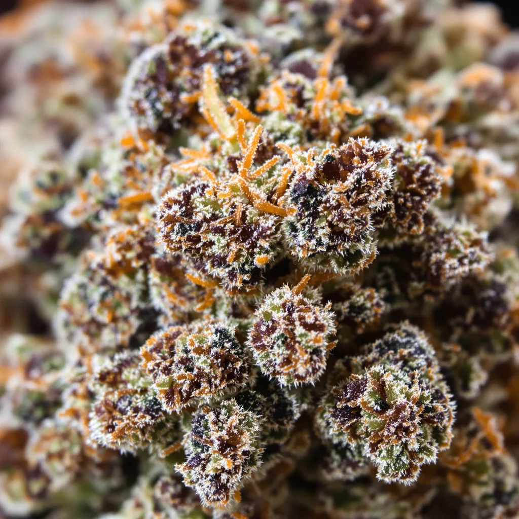 Hindu Skunk cannabis bud close-up showing dense purple-tinged calyxes