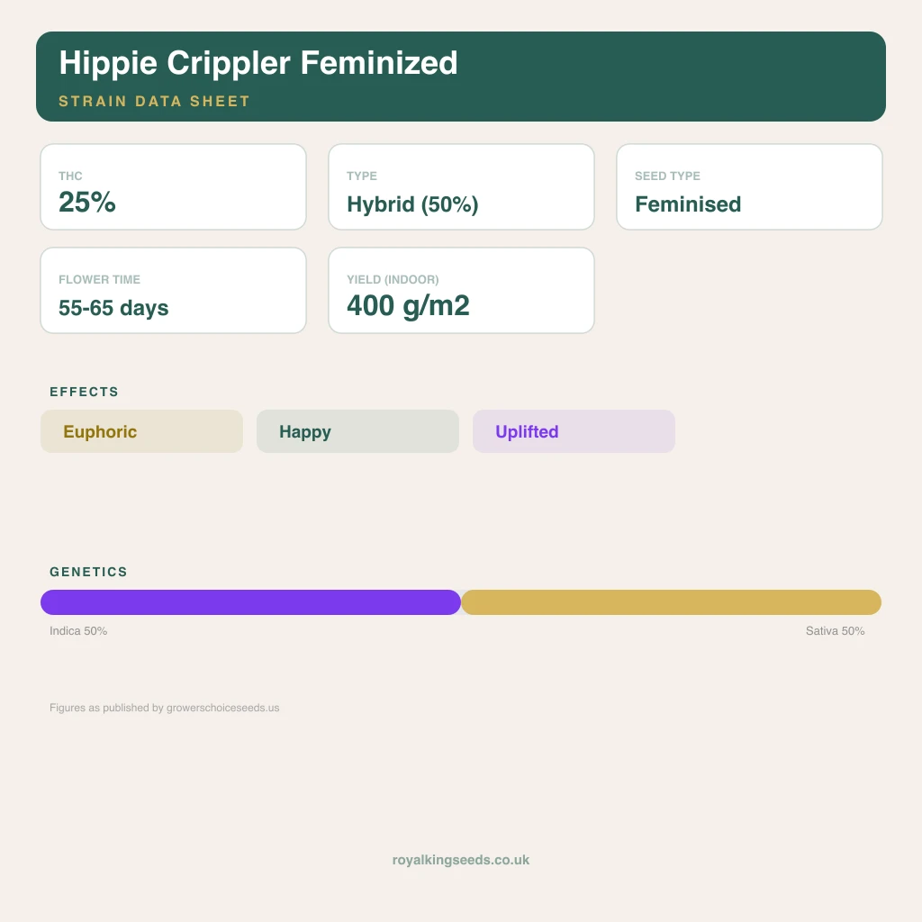 Hippie Crippler 50% indica / 50% sativa flower with visible trichomes
