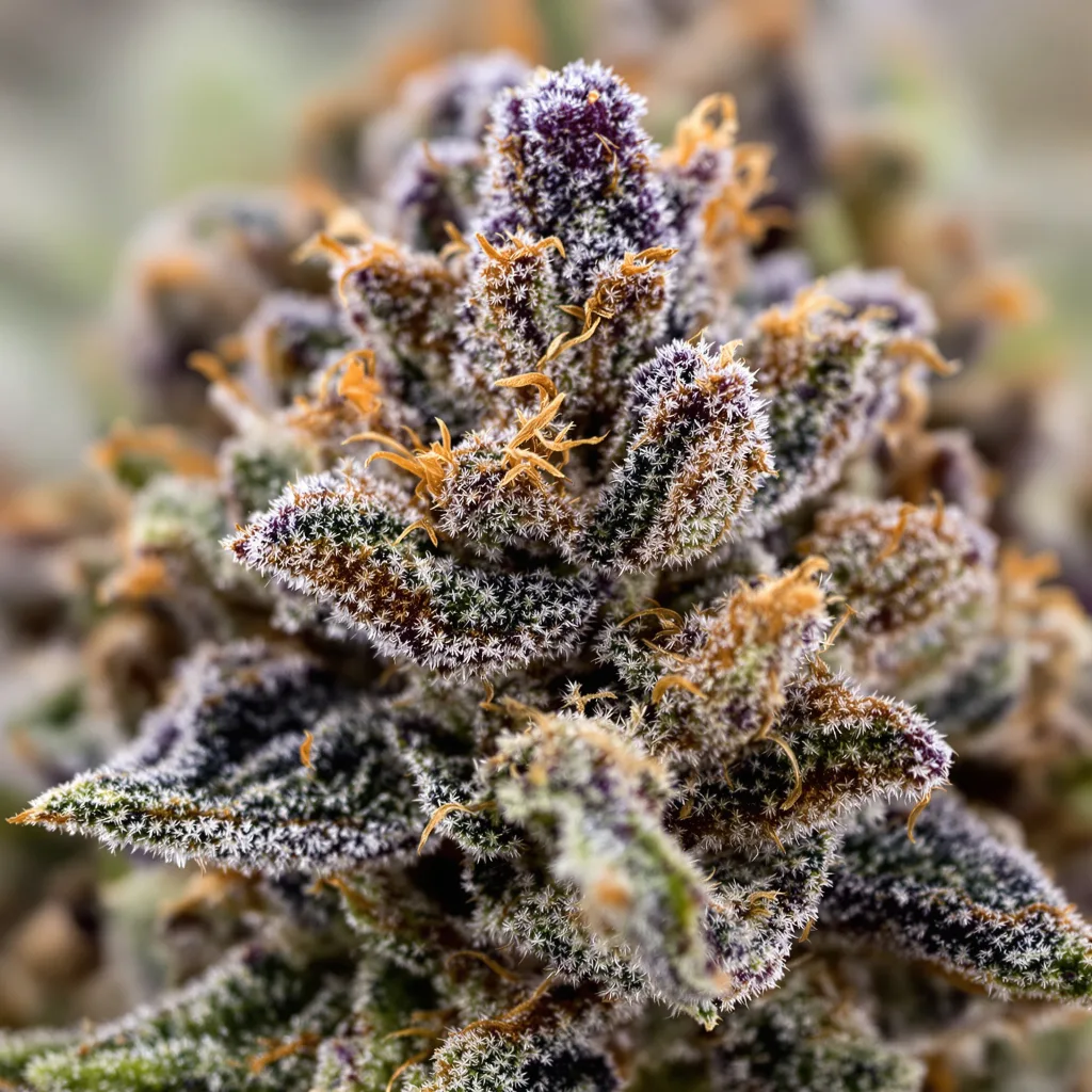 Hog's Breath cannabis bud close-up showing dense purple-tinged calyxes