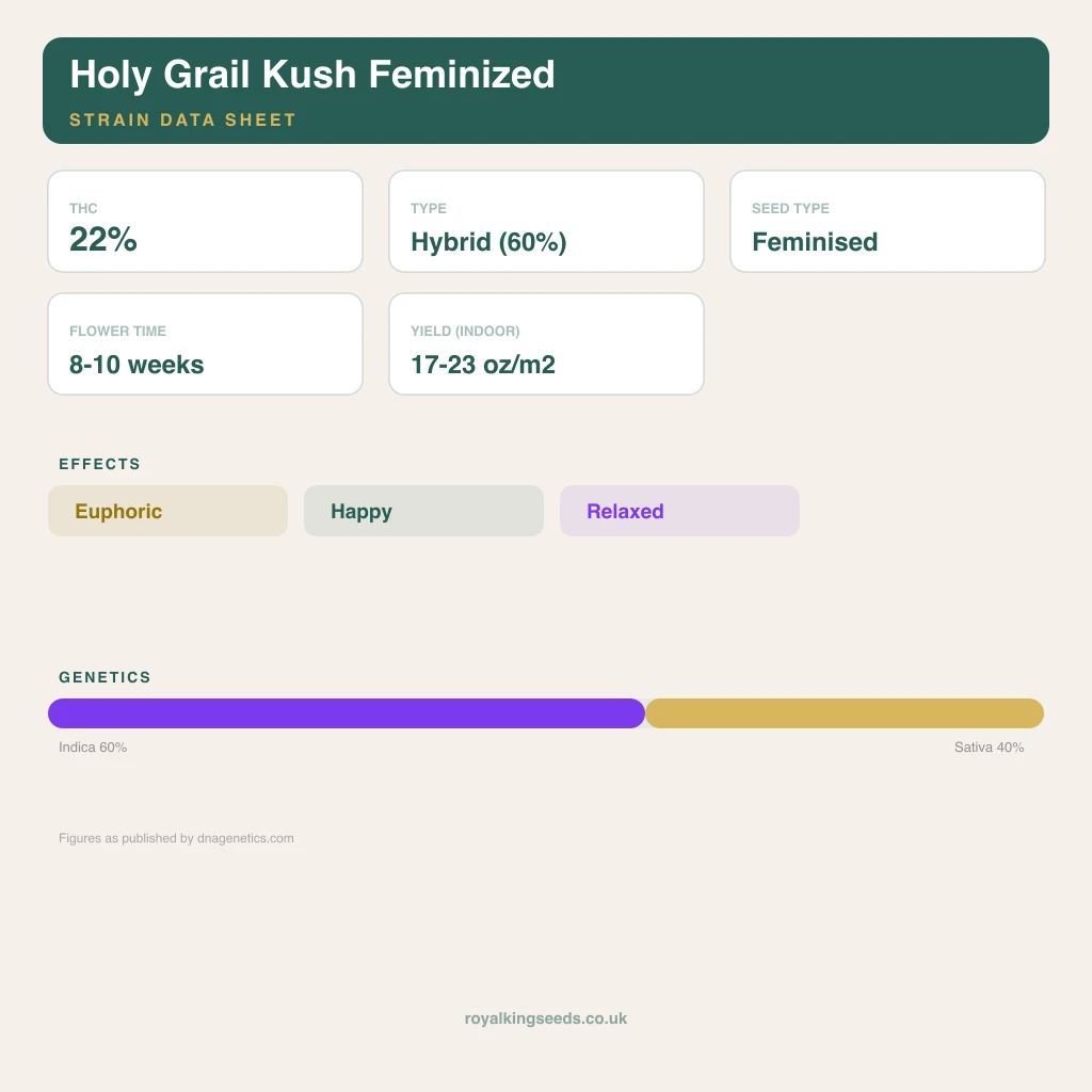 Holy Grail Kush 60% indica / 40% sativa flower with visible trichomes