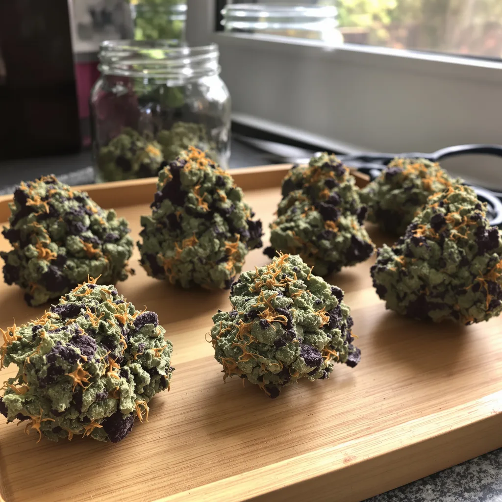 Hood Candy 76% indica / 24% sativa flower with visible trichomes