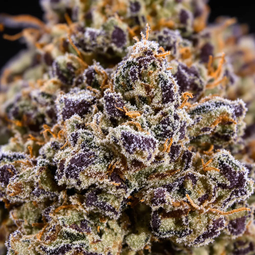 Hood Candy cannabis bud close-up showing dense purple-tinged calyxes