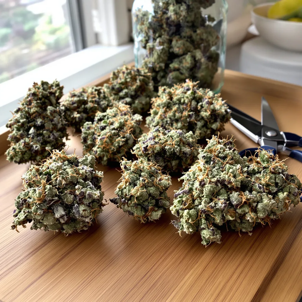 Huckleberry 50% indica / 50% sativa flower with visible trichomes