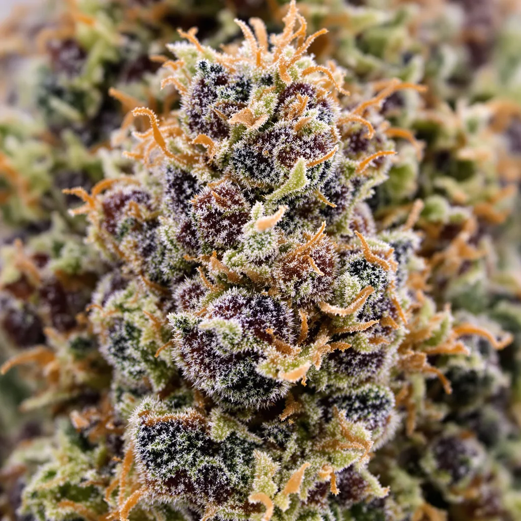 Hyper Critical cannabis bud close-up showing dense purple-tinged calyxes