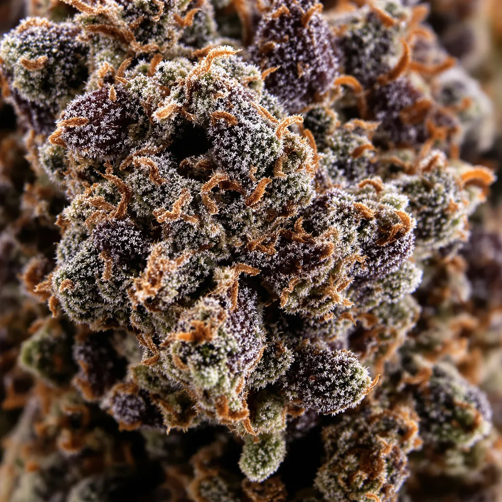 Hyper Critical cannabis bud close-up showing dense purple-tinged calyxes