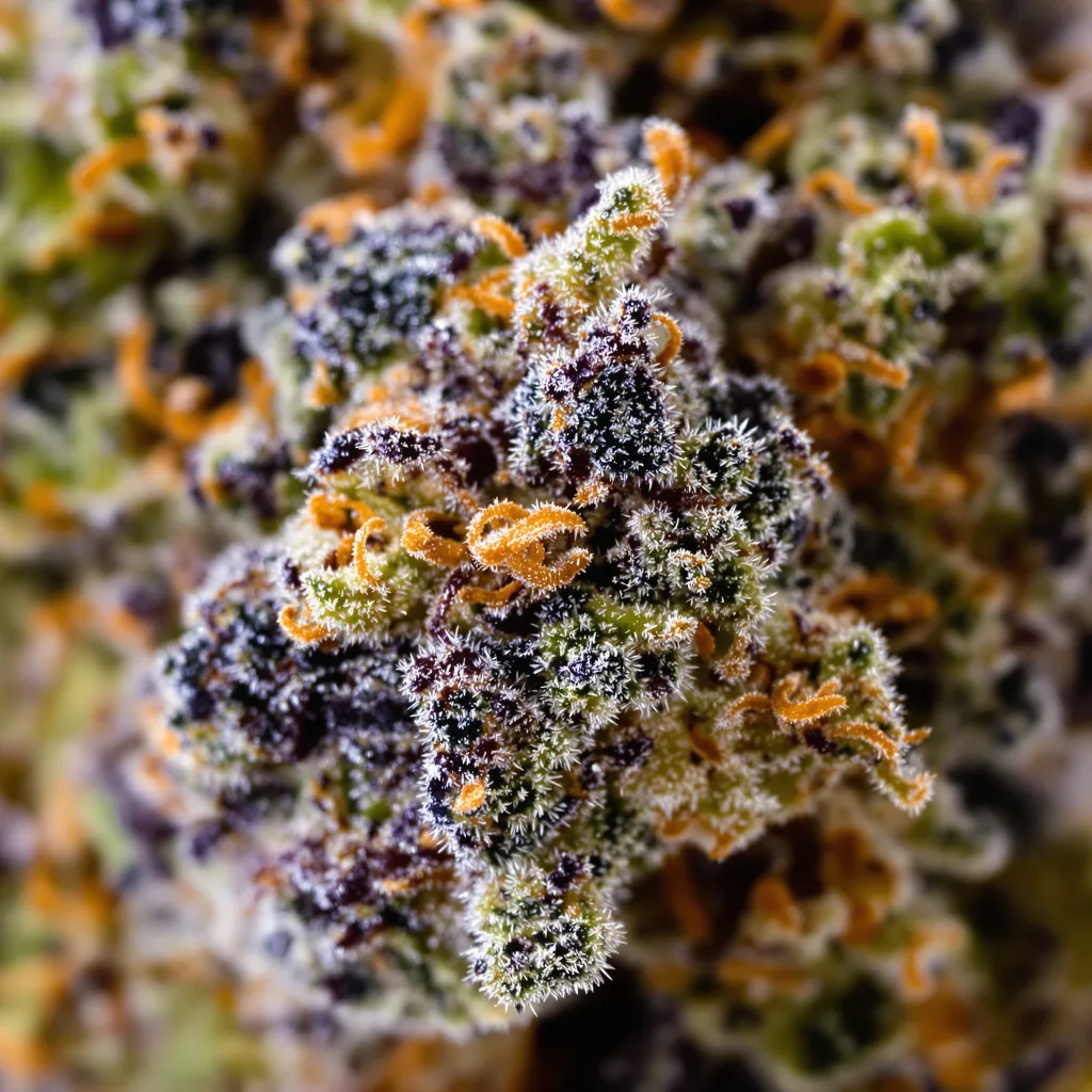 Ice cannabis bud close-up showing dense purple-tinged calyxes