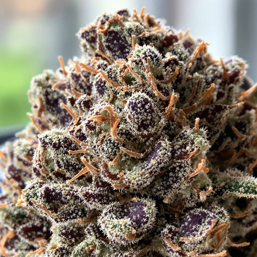 Illuminati OG cannabis bud close-up showing dense purple-tinged calyxes