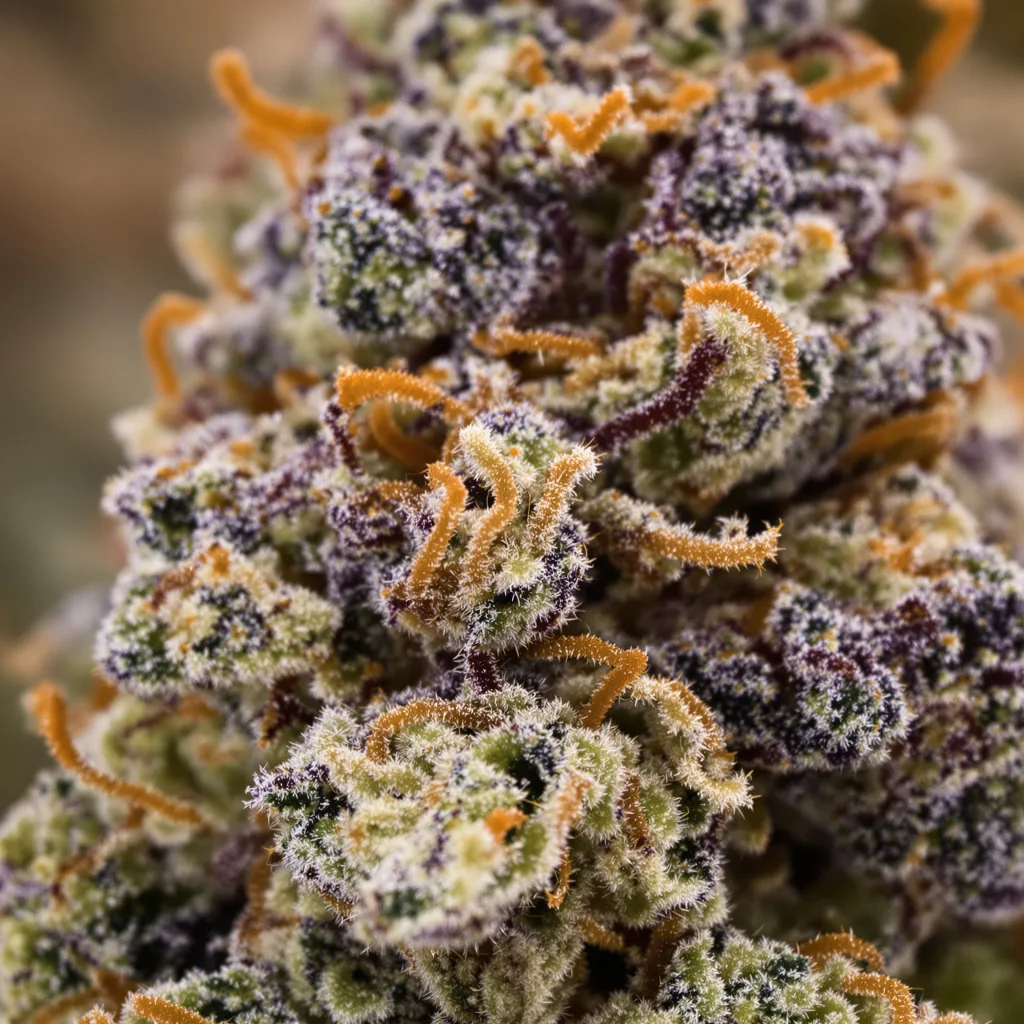 Illuminati OG cannabis bud close-up showing dense purple-tinged calyxes