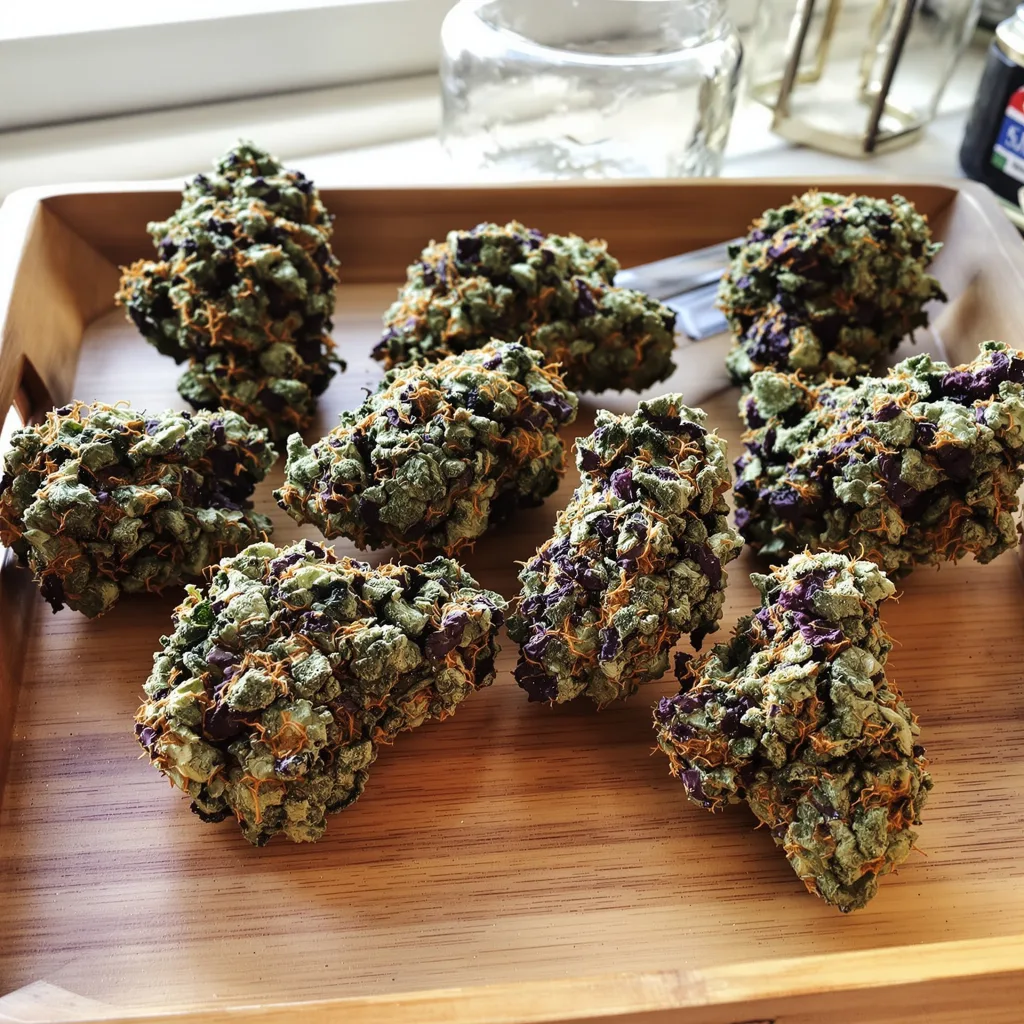 Ingrid 69% indica / 31% sativa flower with visible trichomes