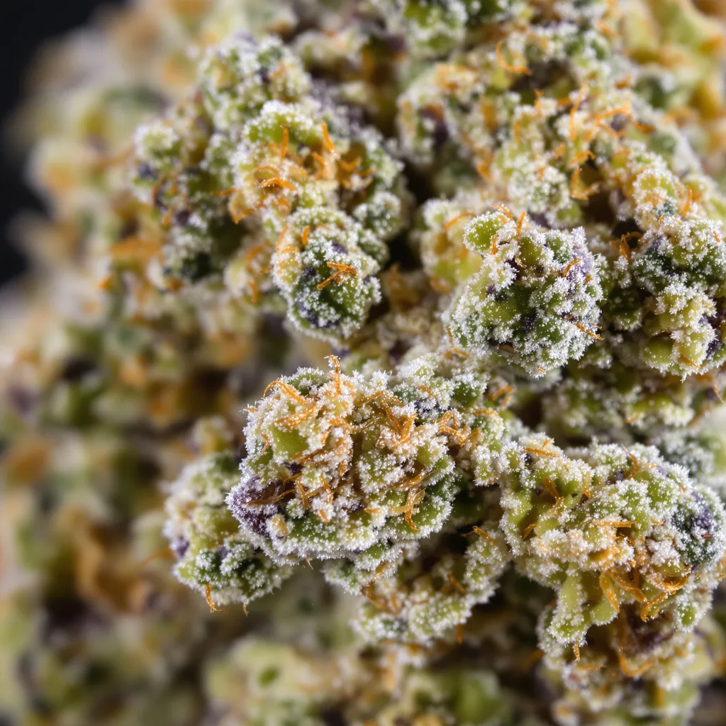 J1 cannabis bud close-up showing open-bud structure with orange pistils