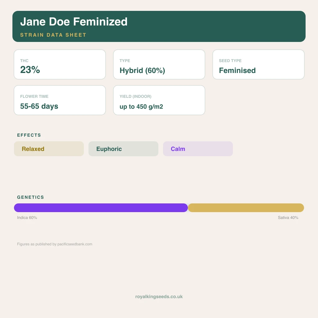 Jane Doe 60% indica / 40% sativa flower with visible trichomes