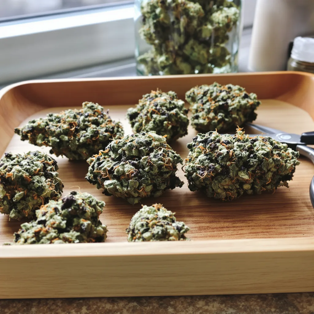 Jedi Kush 90% indica / 50% sativa flower with visible trichomes