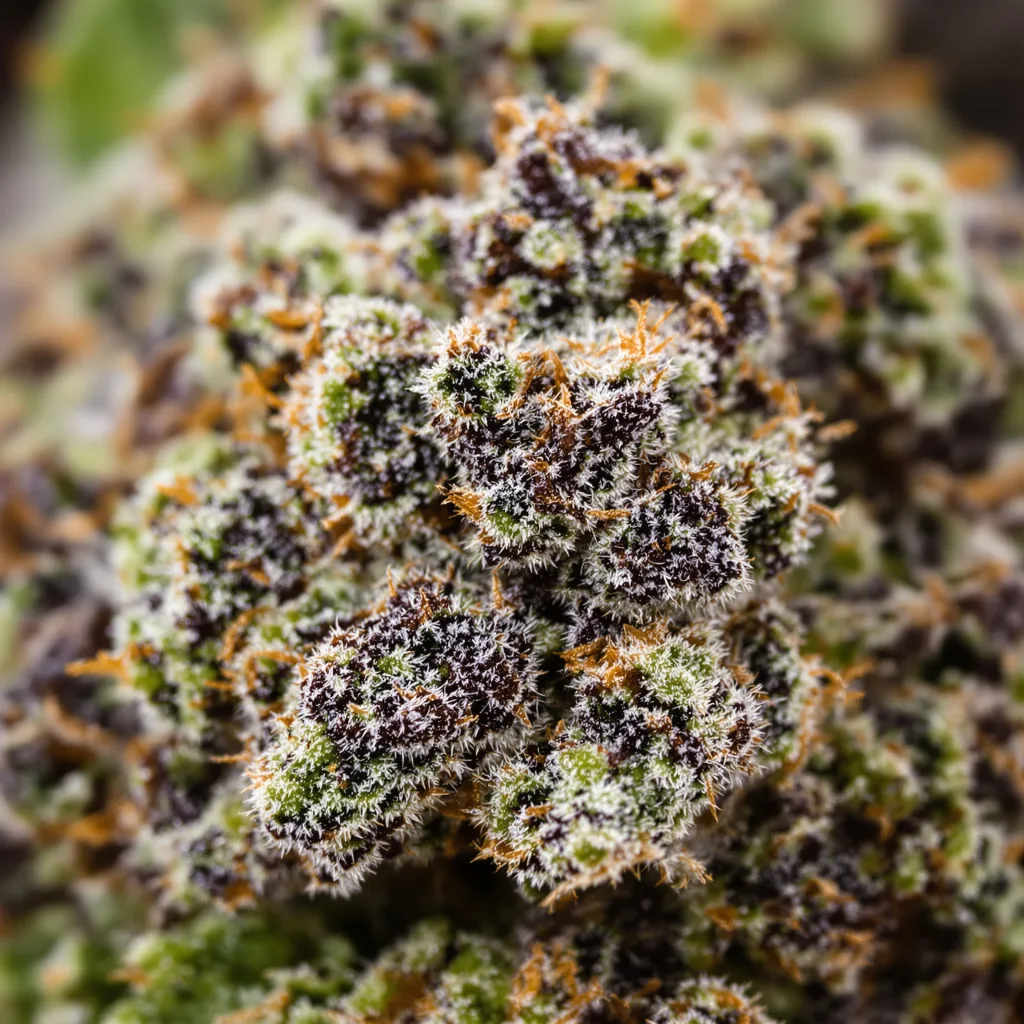 Jedi Kush cannabis bud close-up showing dense purple-tinged calyxes