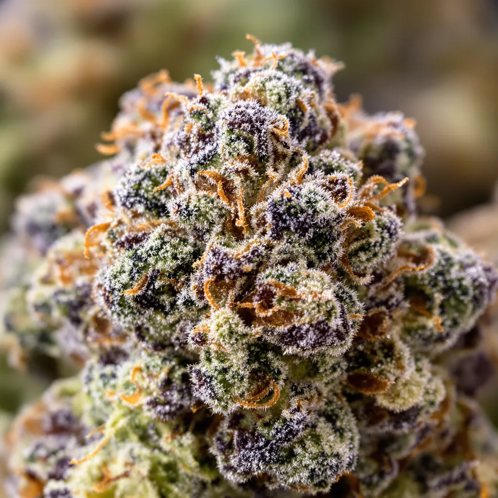 Jelly Roll cannabis bud close-up showing dense purple-tinged calyxes
