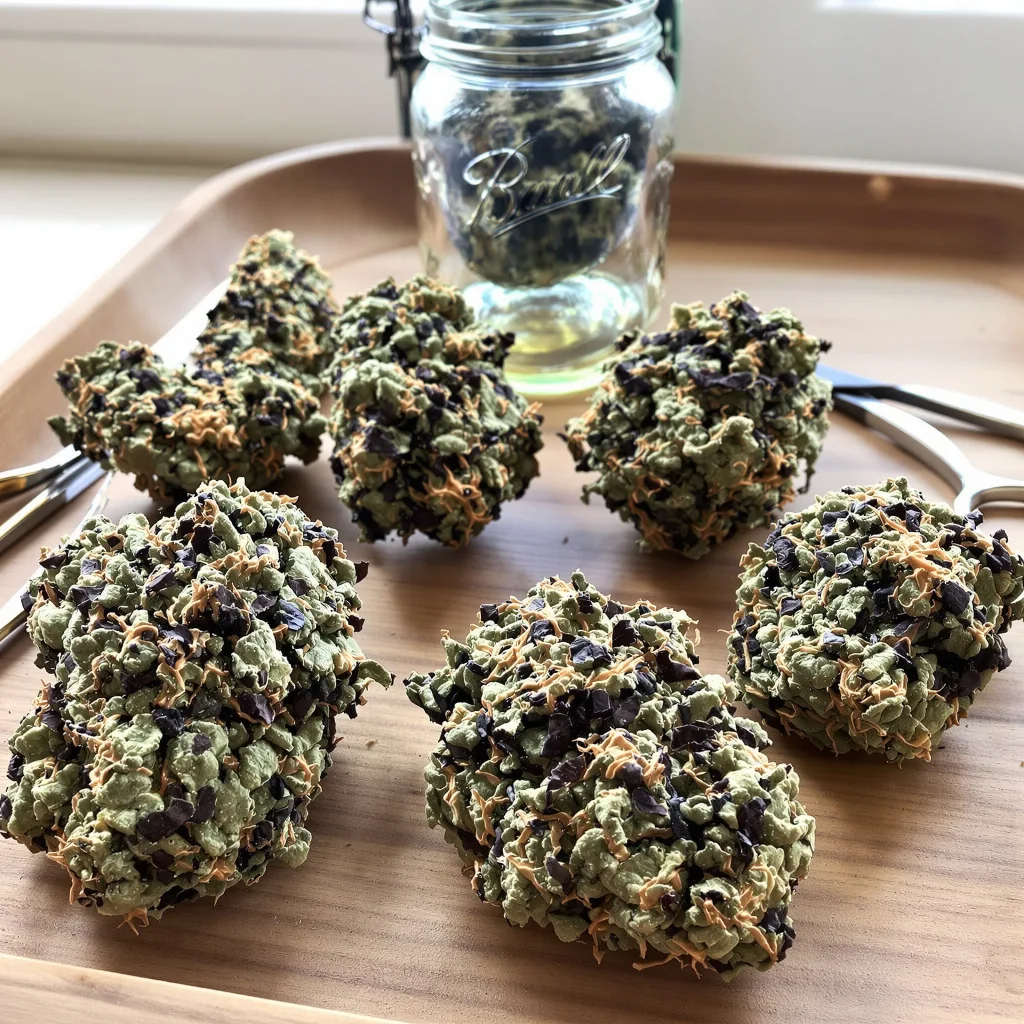 Jelly Roll 72% indica / 28% sativa flower with visible trichomes