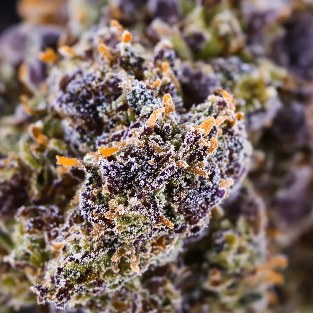Jelly Roll cannabis bud close-up showing dense purple-tinged calyxes