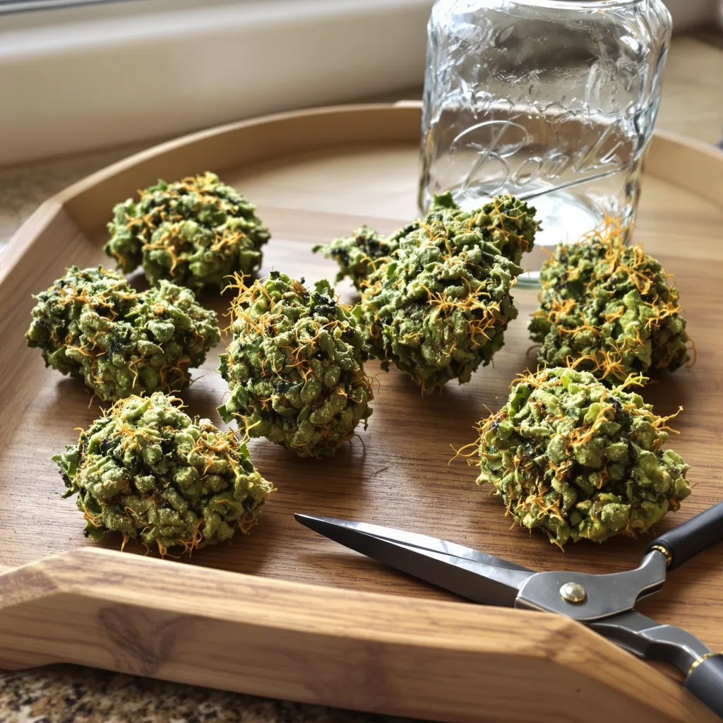 Jesus OG 30% indica / 70% sativa flower with visible trichomes