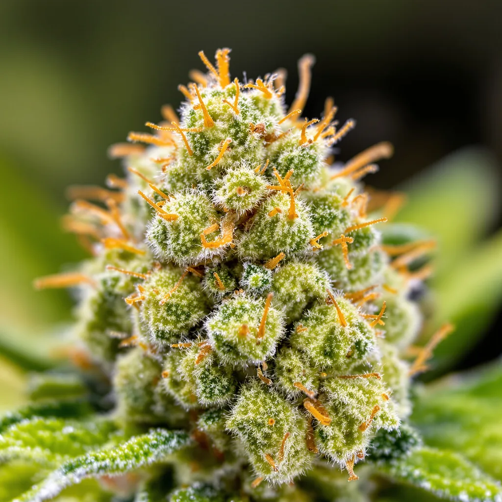 Jesus OG cannabis bud close-up showing lime-green airy structure