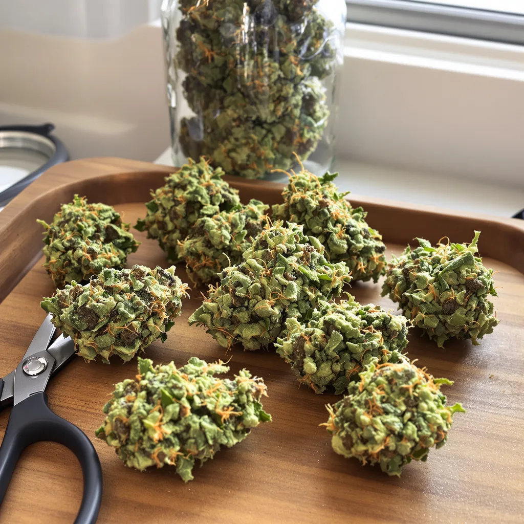 Jesus OG 30% indica / 70% sativa flower with visible trichomes