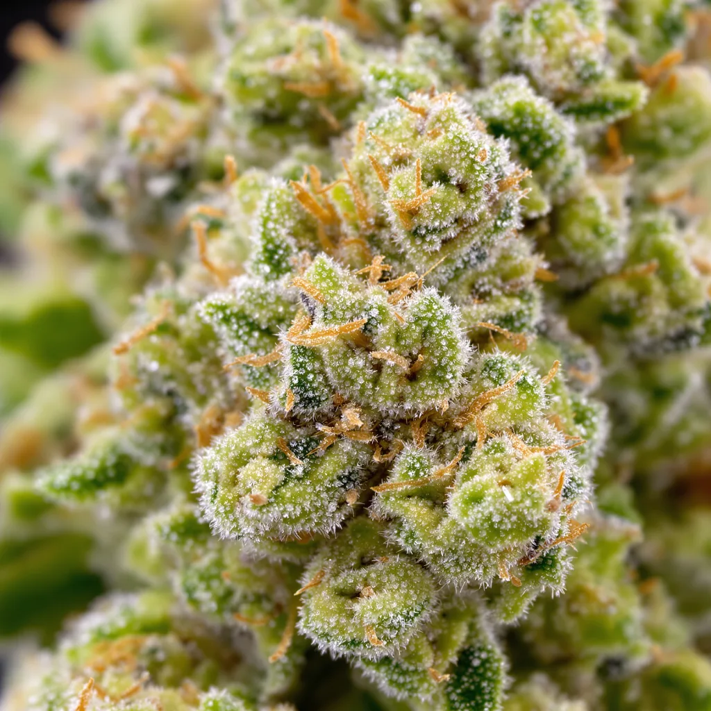 Jesus OG cannabis bud close-up showing lime-green airy structure