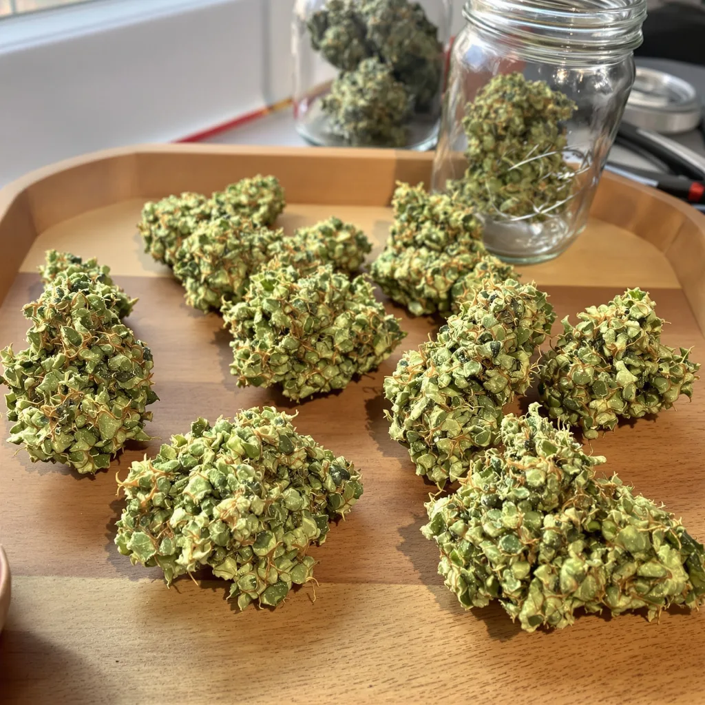 Jet Fuel 30% indica / 70% sativa flower with visible trichomes