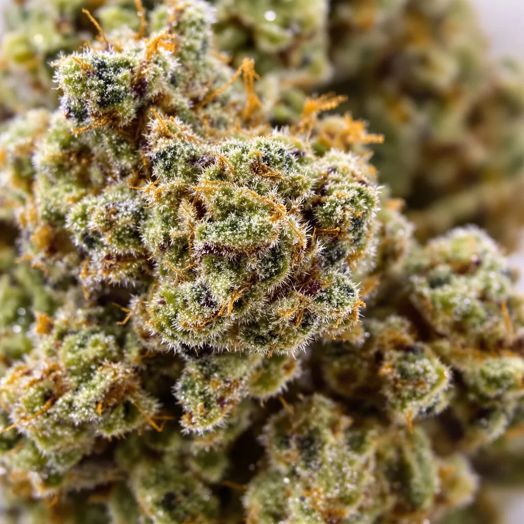 Jillybean cannabis bud close-up showing open-bud structure with orange pistils