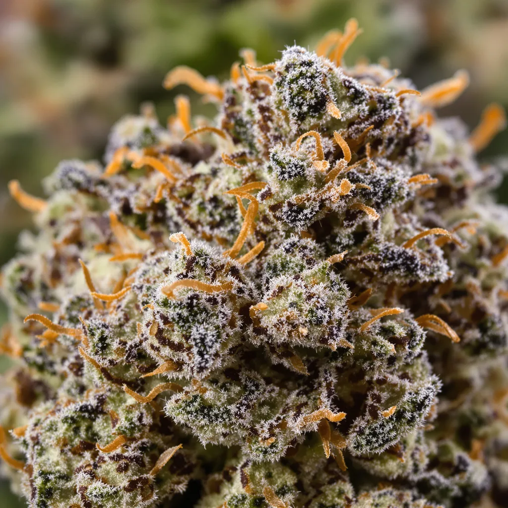 Josh D OG cannabis bud close-up showing dense purple-tinged calyxes