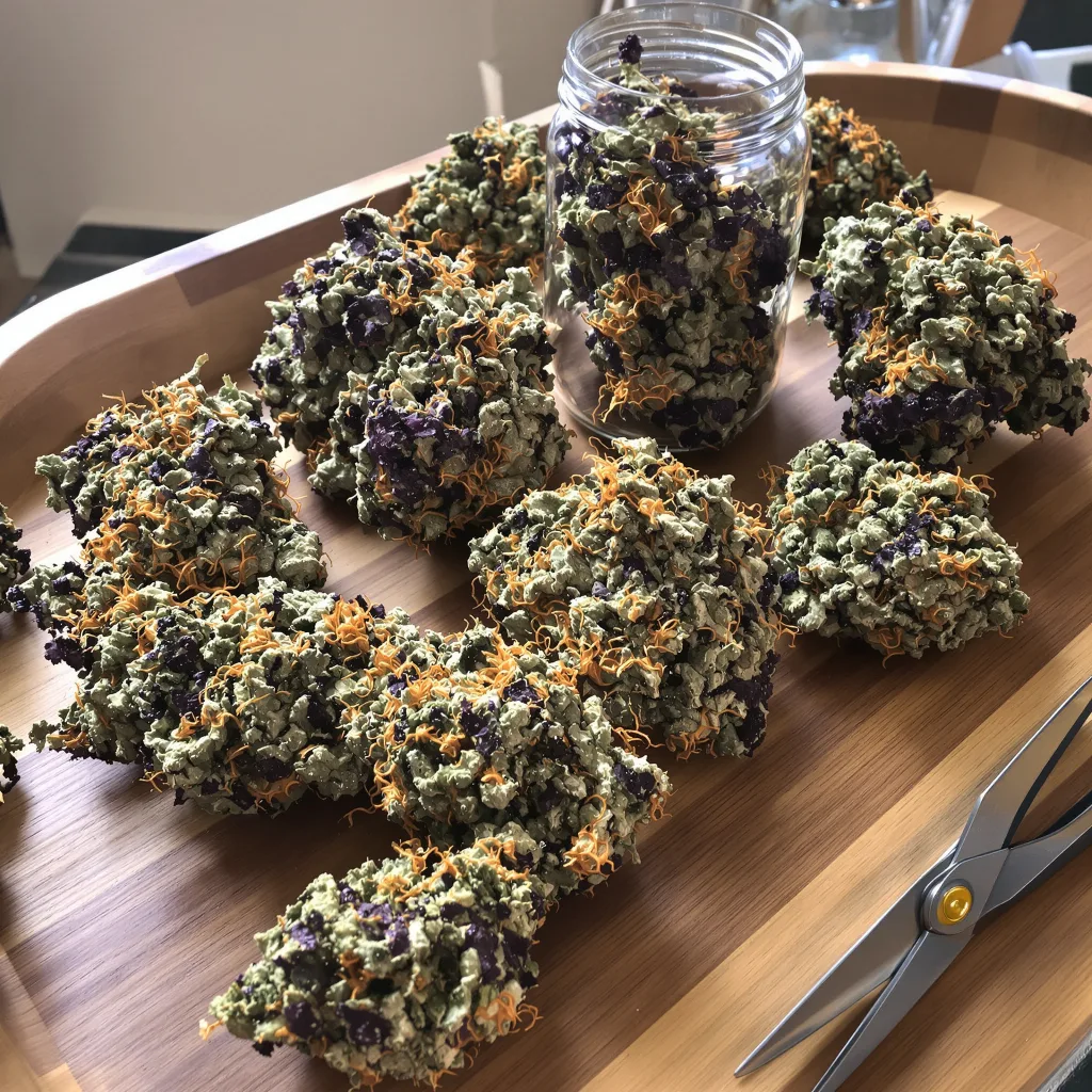 Jungle Cookie 66% indica / 34% sativa flower with visible trichomes