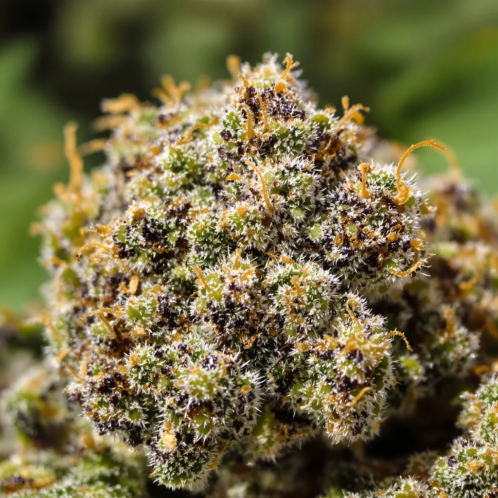 Jungle Cookie cannabis bud close-up showing dense purple-tinged calyxes