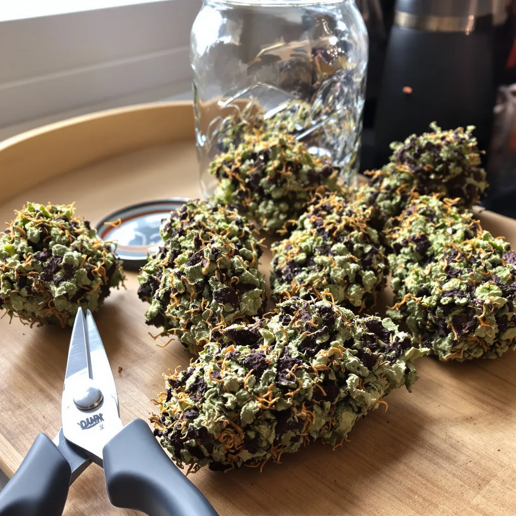 K-Train 69% indica / 31% sativa flower with visible trichomes