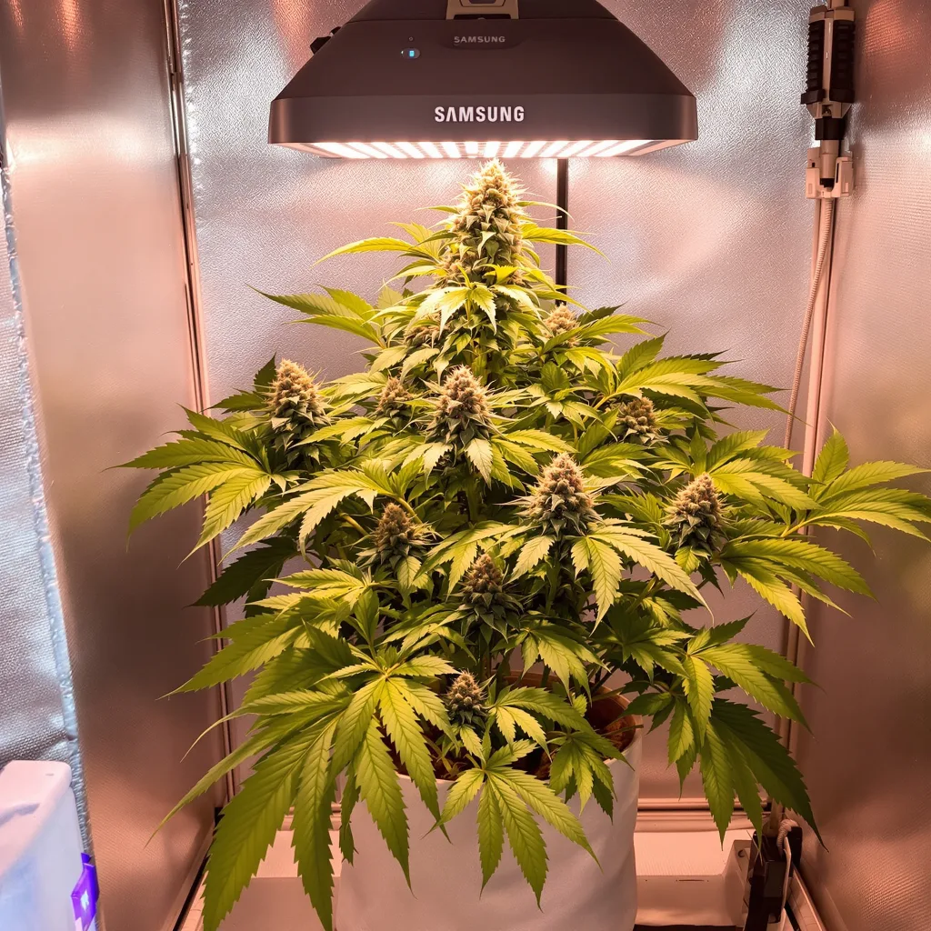 K-Train 69% indica / 31% sativa flower with visible trichomes
